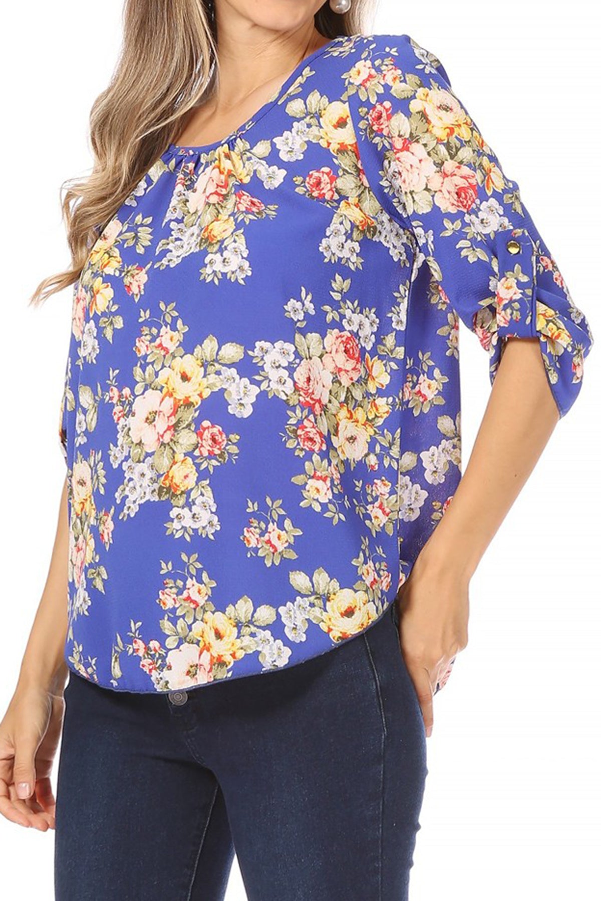 Women's Elegant Floral Print Tunic Casual Round Neck Roll Tab Sleeve Blouse Top