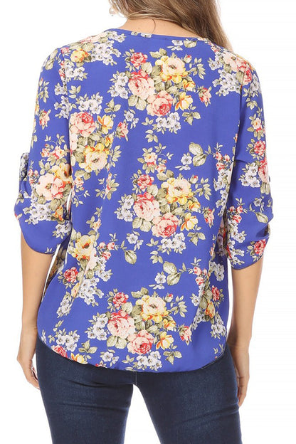 Women's Elegant Floral Print Tunic Casual Round Neck Roll Tab Sleeve Blouse Top