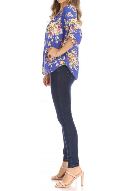 Women's Elegant Floral Print Tunic Casual Round Neck Roll Tab Sleeve Blouse Top