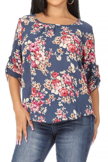 Women's Elegant Floral Print Tunic Casual Round Neck Roll Tab Sleeve Blouse Top