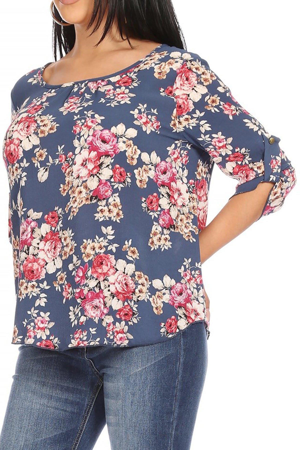 Women's Elegant Floral Print Tunic Casual Round Neck Roll Tab Sleeve Blouse Top