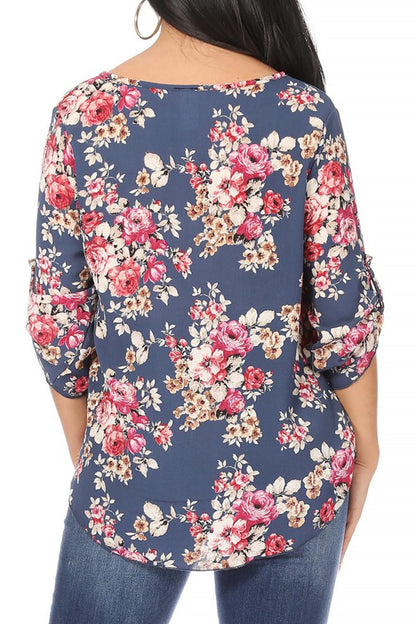 Women's Elegant Floral Print Tunic Casual Round Neck Roll Tab Sleeve Blouse Top