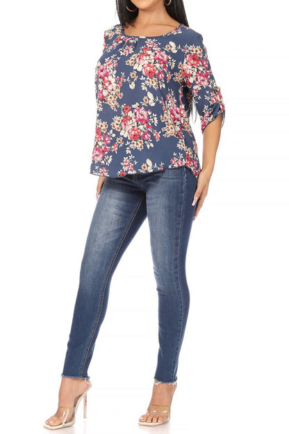 Women's Elegant Floral Print Tunic Casual Round Neck Roll Tab Sleeve Blouse Top