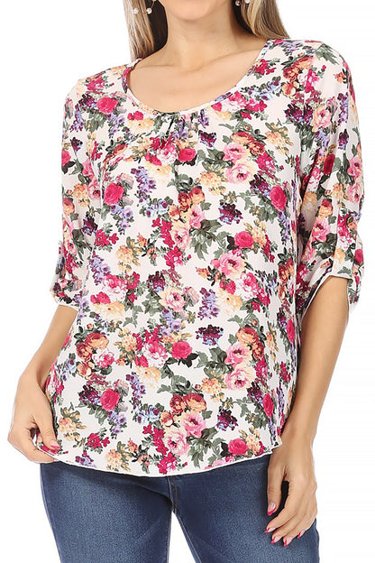 Women's Elegant Floral Print Tunic Casual Round Neck Roll Tab Sleeve Blouse Top