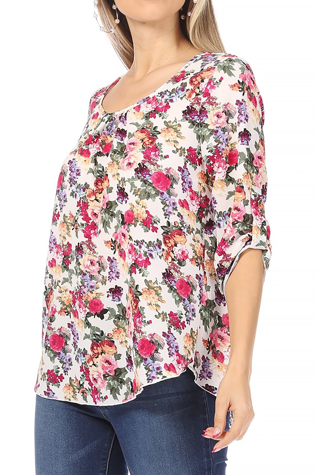 Women's Elegant Floral Print Tunic Casual Round Neck Roll Tab Sleeve Blouse Top