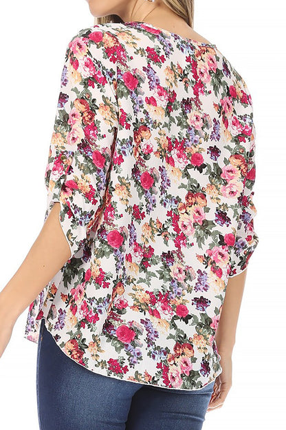 Women's Elegant Floral Print Tunic Casual Round Neck Roll Tab Sleeve Blouse Top