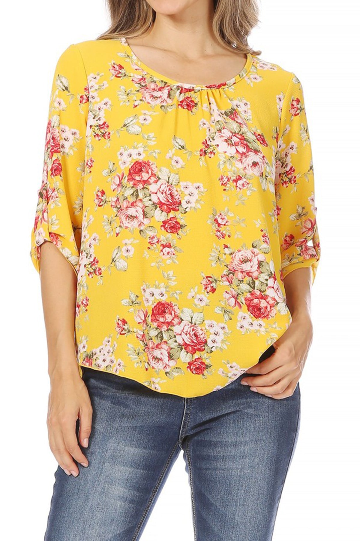 Women's Elegant Floral Print Tunic Casual Round Neck Roll Tab Sleeve Blouse Top