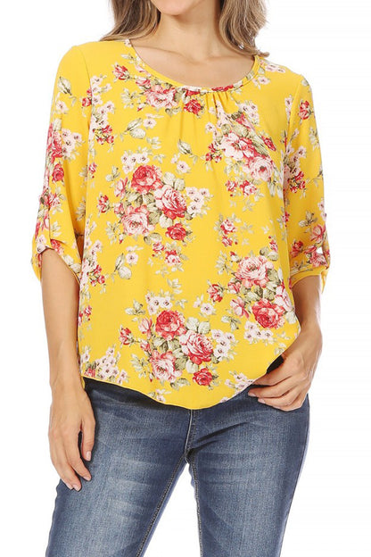 Women's Elegant Floral Print Tunic Casual Round Neck Roll Tab Sleeve Blouse Top