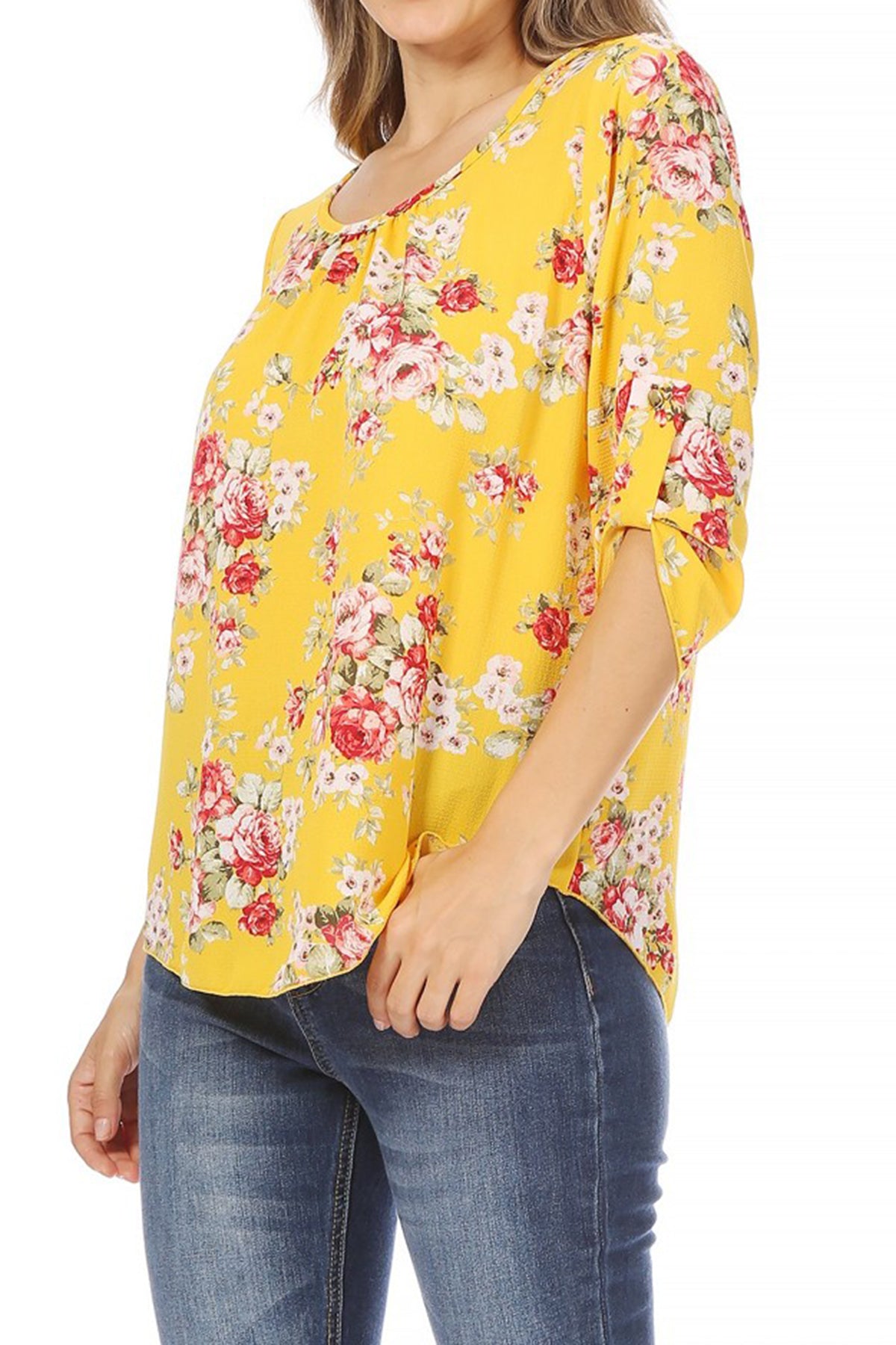 Women's Elegant Floral Print Tunic Casual Round Neck Roll Tab Sleeve Blouse Top