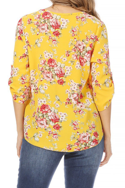 Women's Elegant Floral Print Tunic Casual Round Neck Roll Tab Sleeve Blouse Top