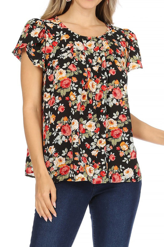 Women's Casual Floral Print Pleated Front Petal Cap Sleeve Round Neck Tee Blouse Top