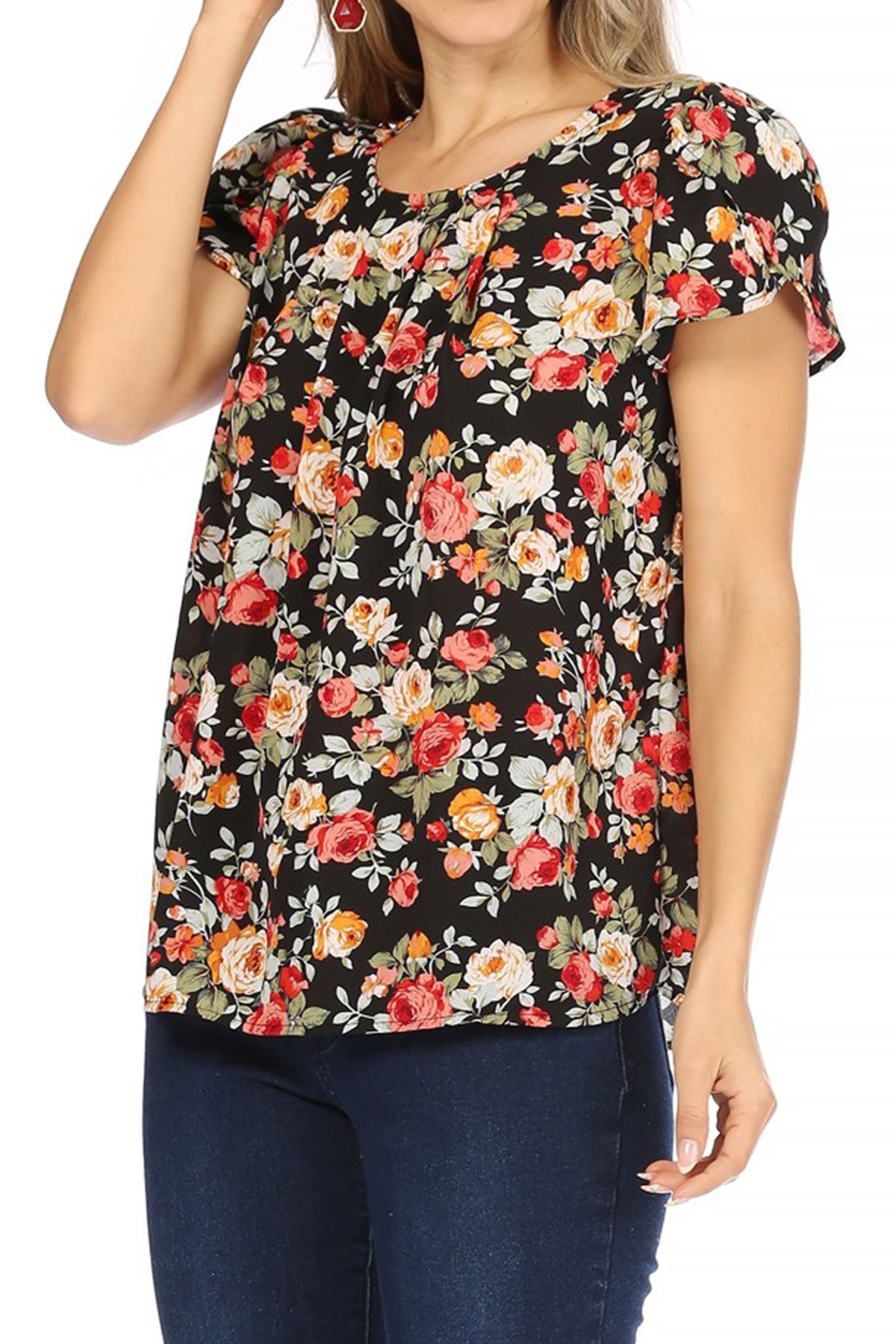 Women's Casual Floral Print Pleated Front Petal Cap Sleeve Round Neck Tee Blouse Top