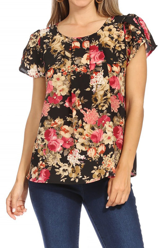 Women's Casual Floral Print Pleated Front Petal Cap Sleeve Round Neck Tee Blouse Top