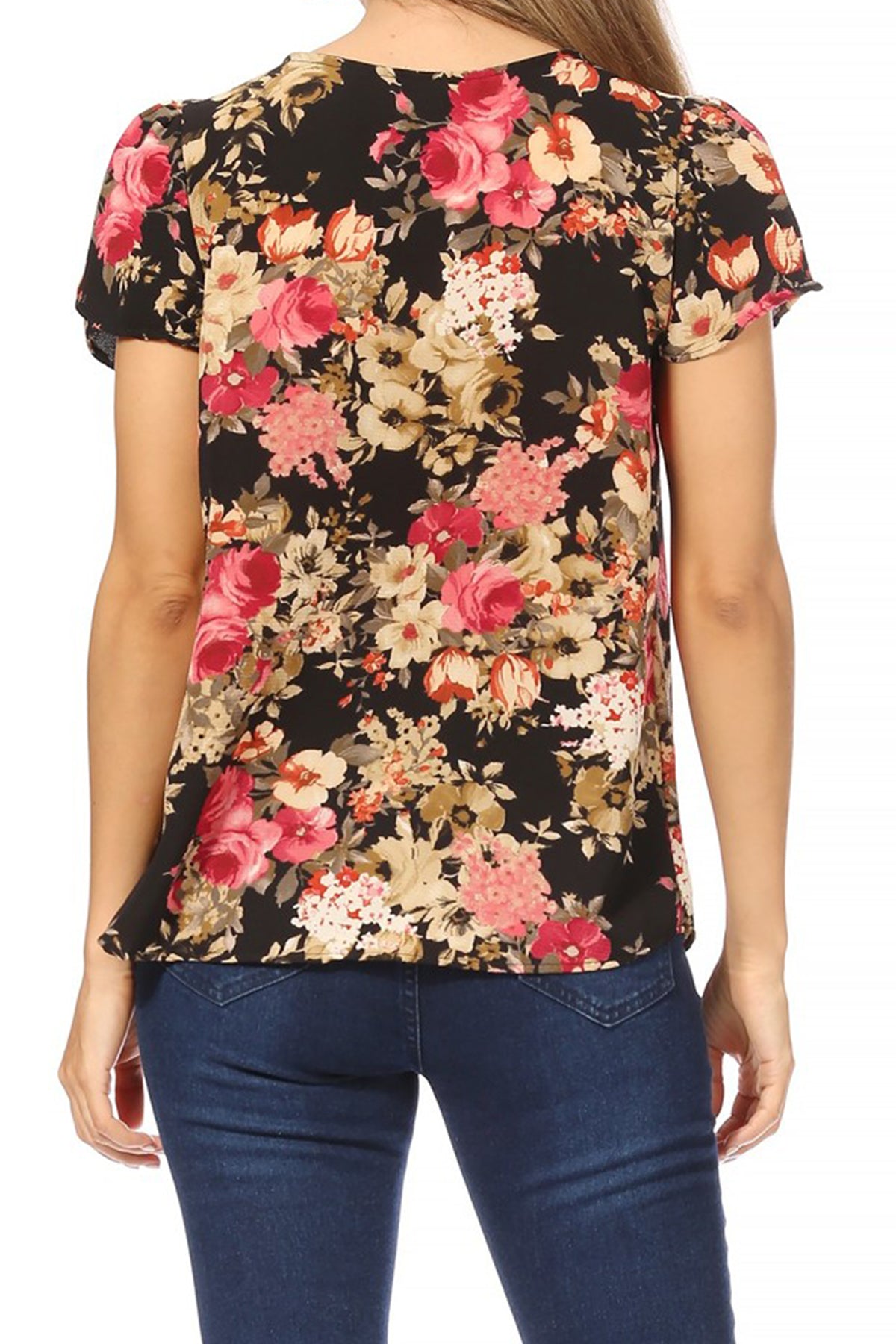 Women's Casual Floral Print Pleated Front Petal Cap Sleeve Round Neck Tee Blouse Top