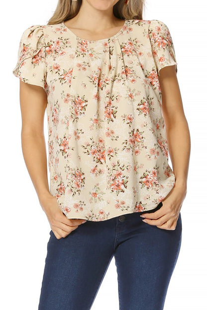 Women's Casual Floral Print Pleated Front Petal Cap Sleeve Round Neck Tee Blouse Top