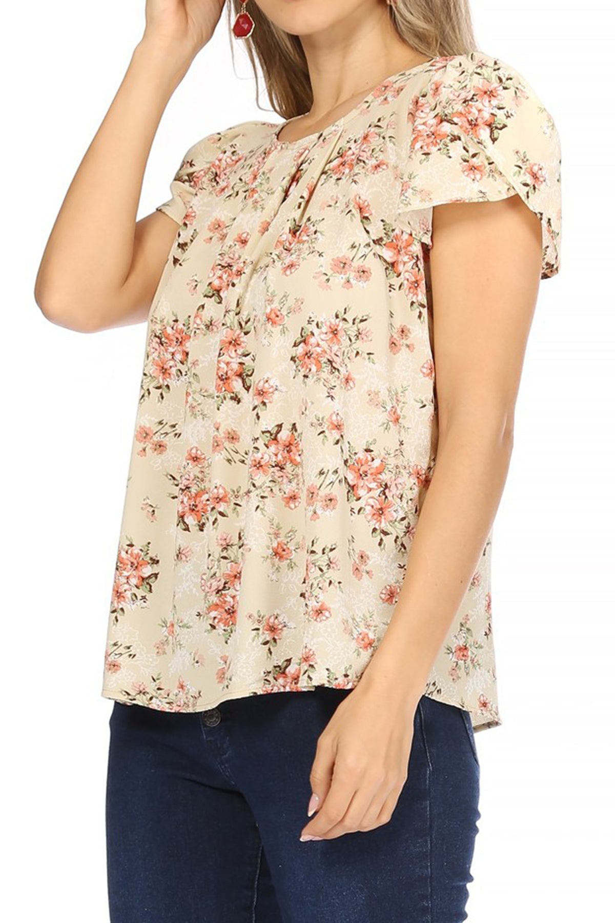 Women's Casual Floral Print Pleated Front Petal Cap Sleeve Round Neck Tee Blouse Top