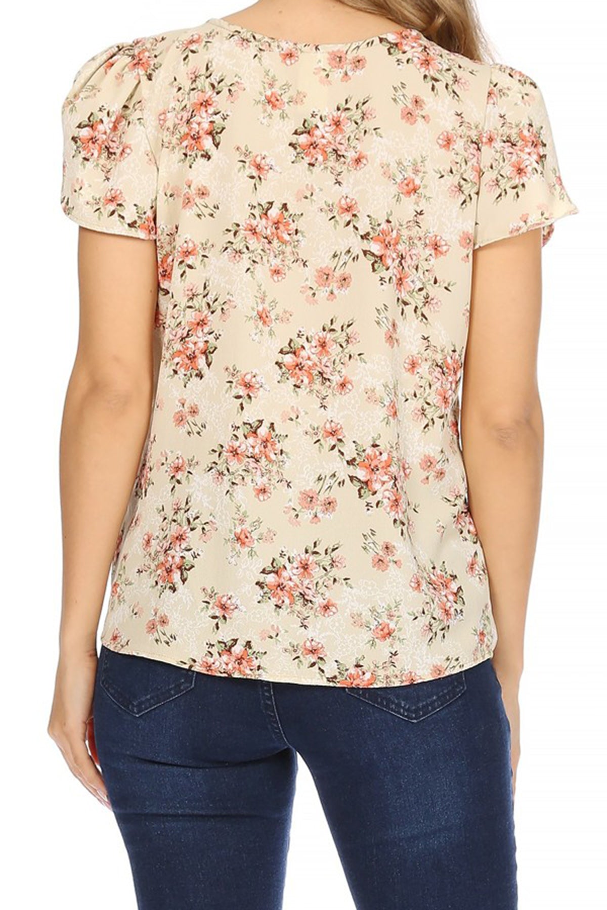 Women's Casual Floral Print Pleated Front Petal Cap Sleeve Round Neck Tee Blouse Top