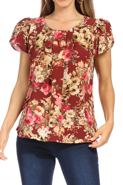 Women's Casual Floral Print Pleated Front Petal Cap Sleeve Round Neck Tee Blouse Top