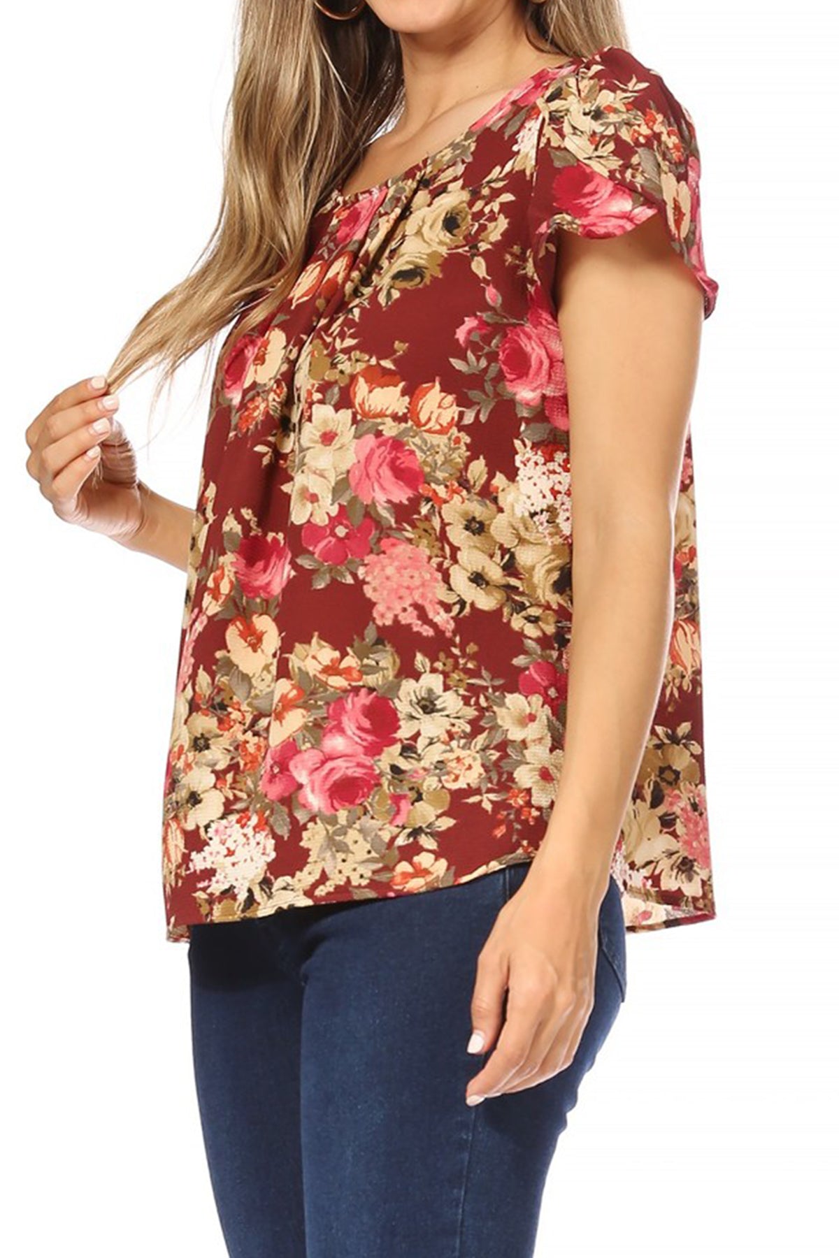 Women's Casual Floral Print Pleated Front Petal Cap Sleeve Round Neck Tee Blouse Top