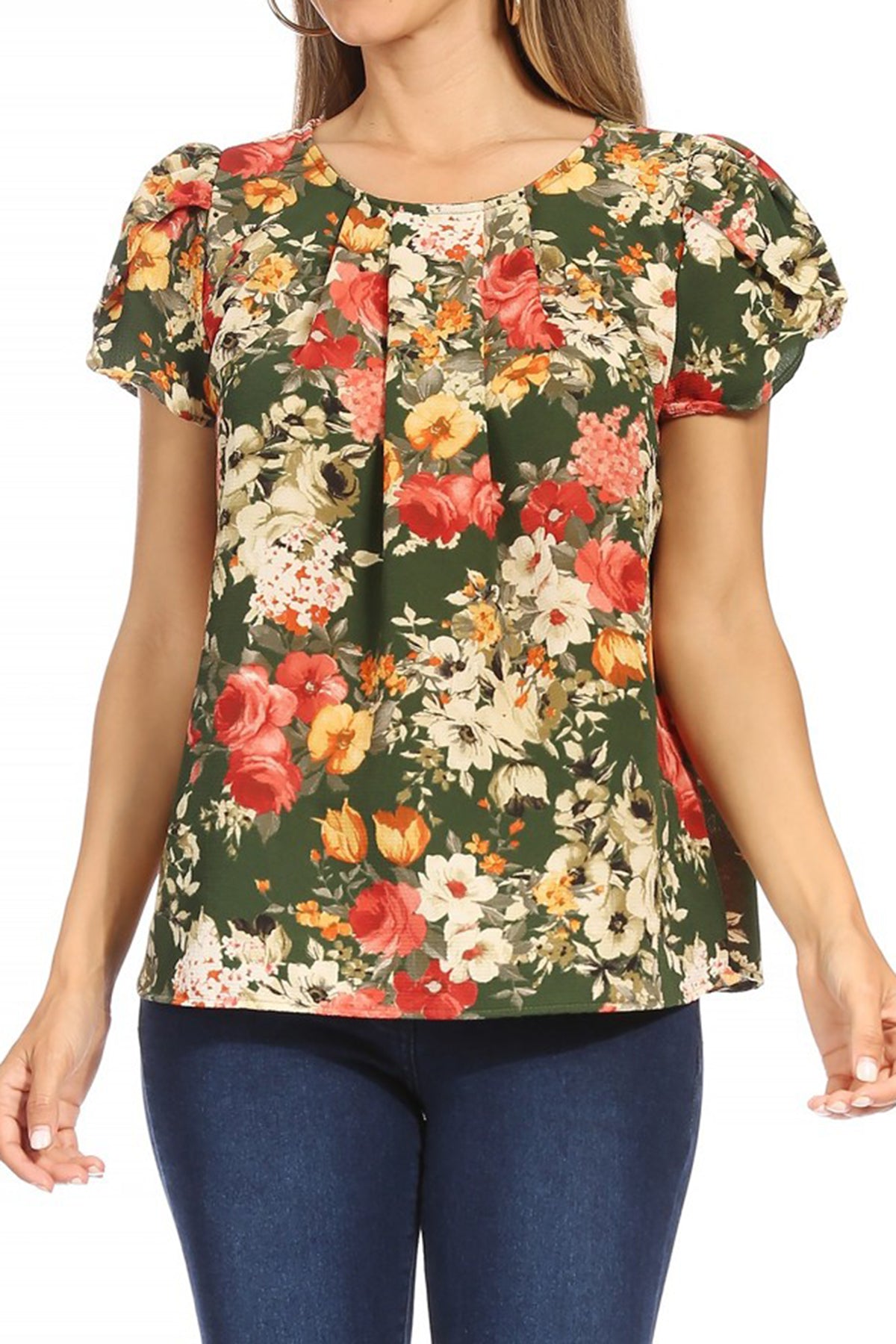 Women's Casual Floral Print Pleated Front Petal Cap Sleeve Round Neck Tee Blouse Top