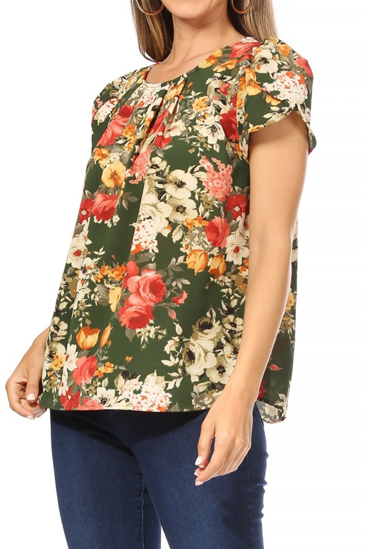 Women's Casual Floral Print Pleated Front Petal Cap Sleeve Round Neck Tee Blouse Top