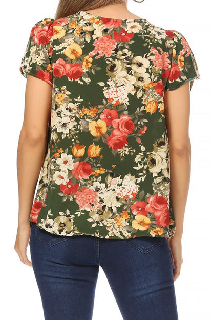 Women's Casual Floral Print Pleated Front Petal Cap Sleeve Round Neck Tee Blouse Top