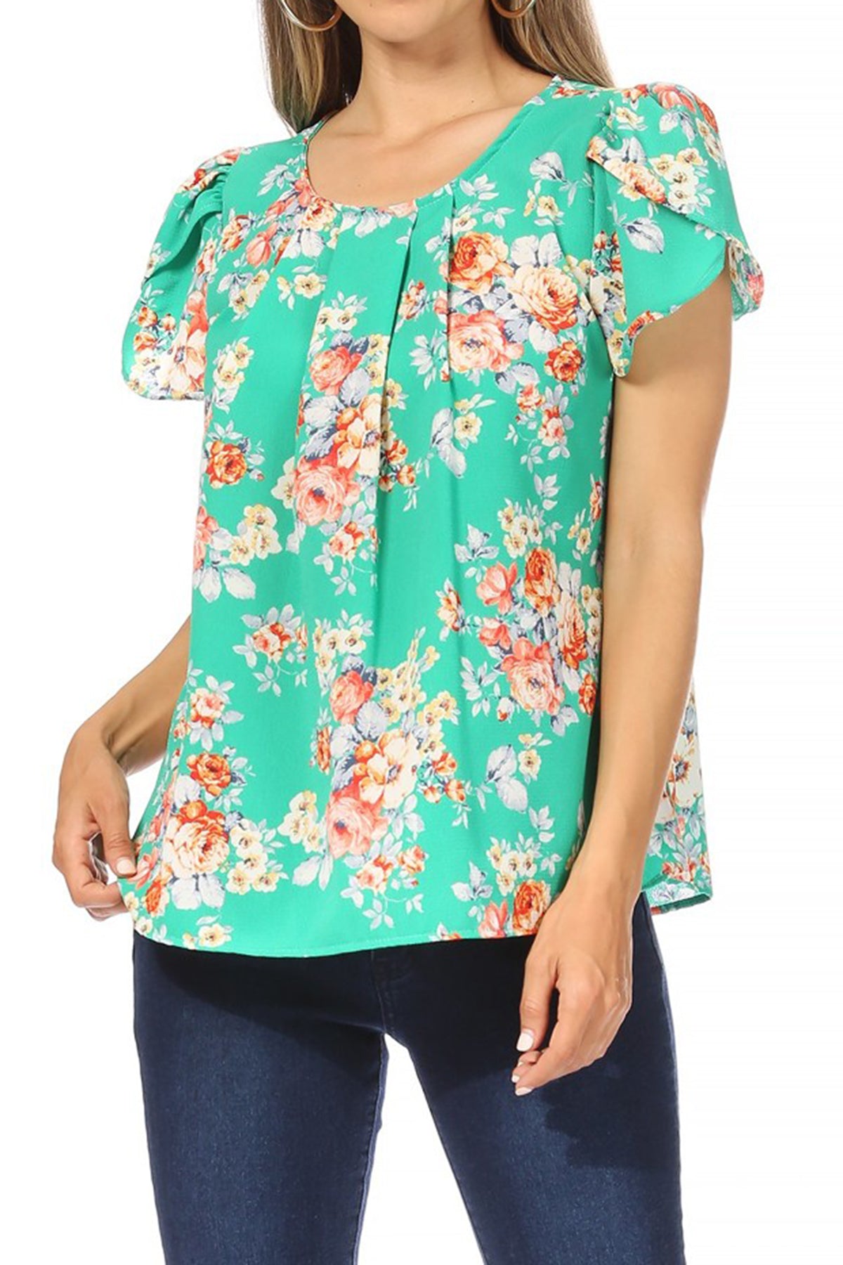 Women's Casual Floral Print Pleated Front Petal Cap Sleeve Round Neck Tee Blouse Top