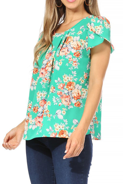 Women's Casual Floral Print Pleated Front Petal Cap Sleeve Round Neck Tee Blouse Top