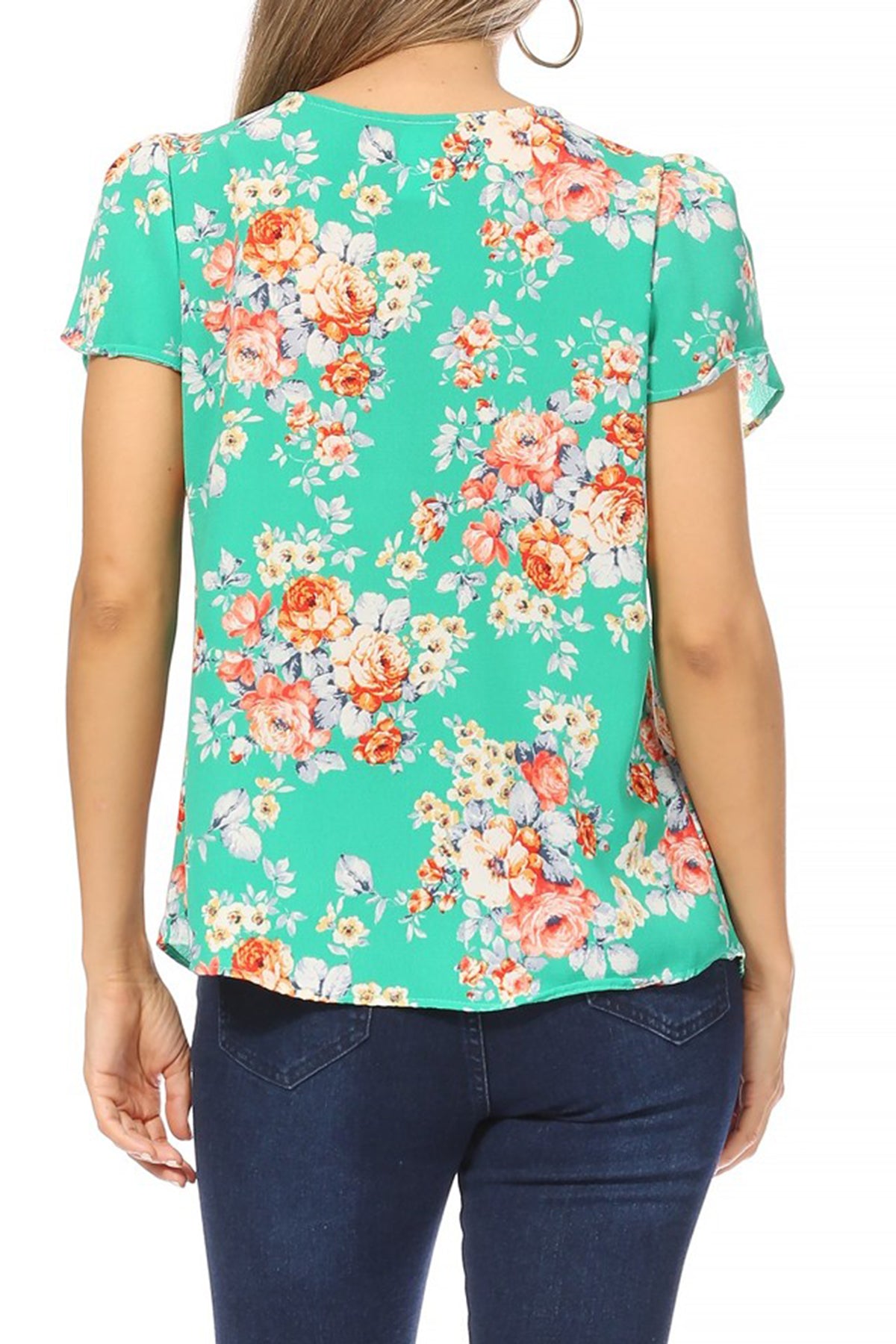 Women's Casual Floral Print Pleated Front Petal Cap Sleeve Round Neck Tee Blouse Top