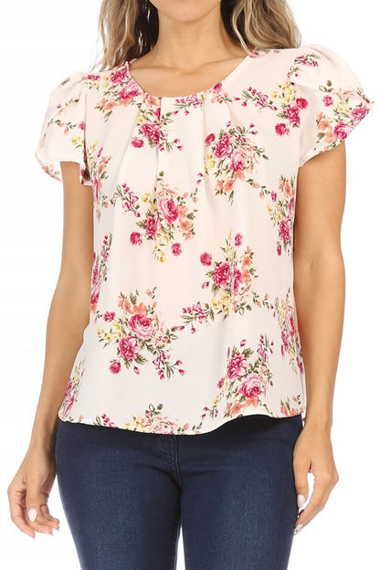 Women's Casual Floral Print Pleated Front Petal Cap Sleeve Round Neck Tee Blouse Top