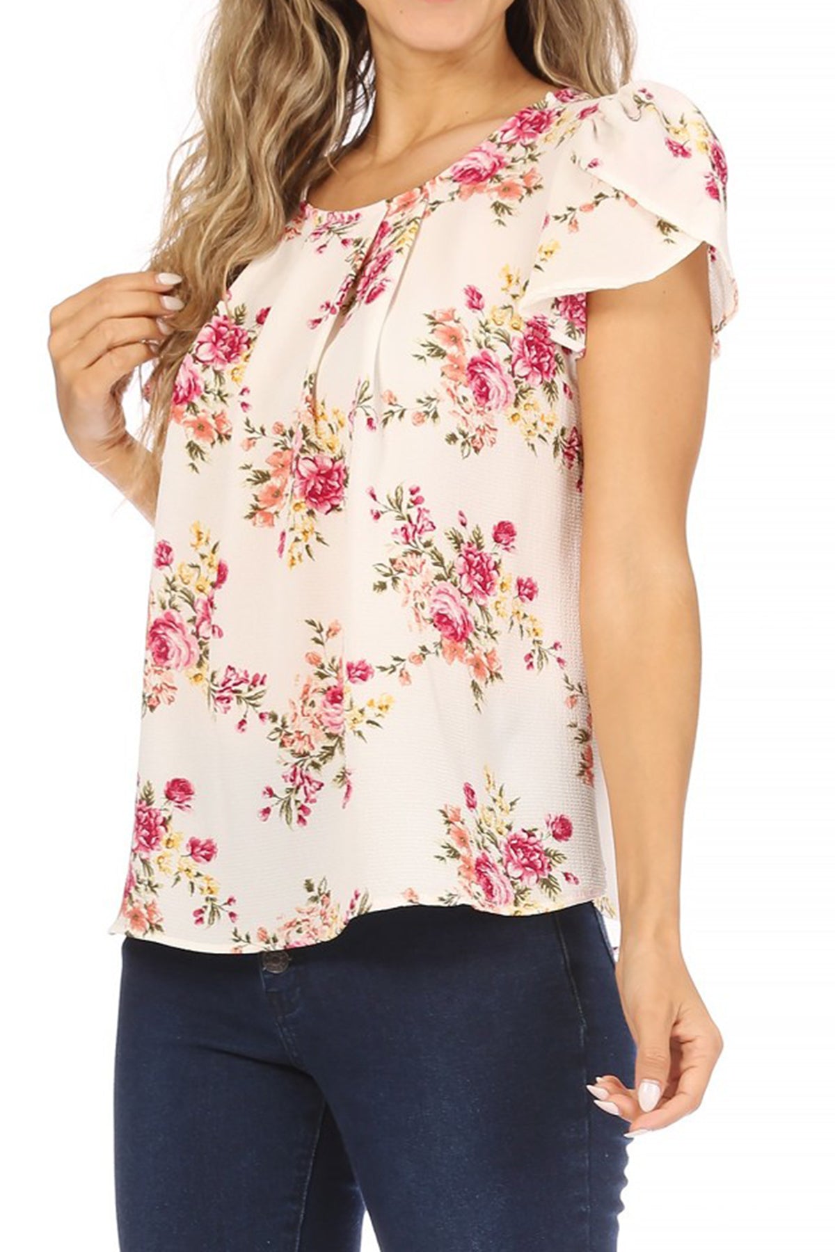 Women's Casual Floral Print Pleated Front Petal Cap Sleeve Round Neck Tee Blouse Top