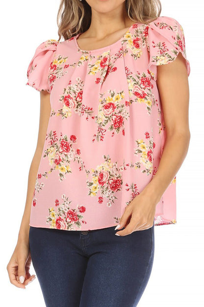 Women's Casual Floral Print Pleated Front Petal Cap Sleeve Round Neck Tee Blouse Top