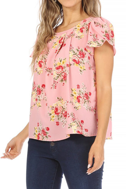 Women's Casual Floral Print Pleated Front Petal Cap Sleeve Round Neck Tee Blouse Top