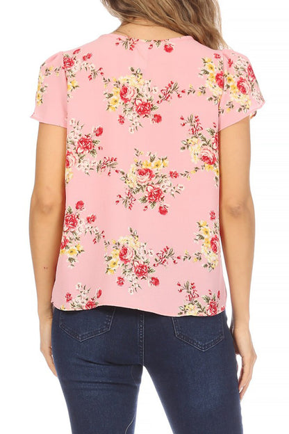 Women's Casual Floral Print Pleated Front Petal Cap Sleeve Round Neck Tee Blouse Top