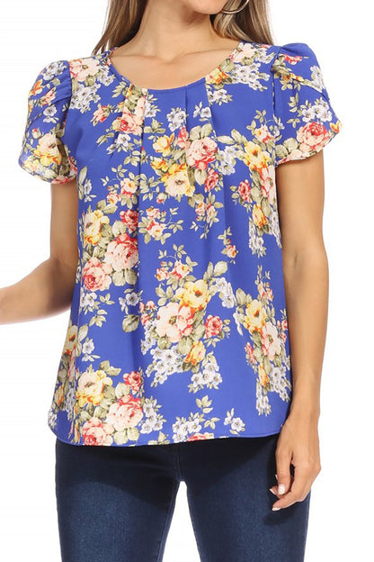 Women's Casual Floral Print Pleated Front Petal Cap Sleeve Round Neck Tee Blouse Top