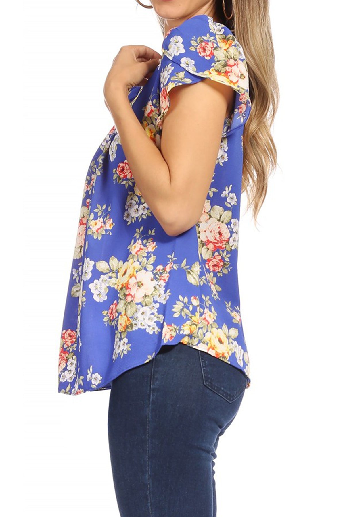 Women's Casual Floral Print Pleated Front Petal Cap Sleeve Round Neck Tee Blouse Top