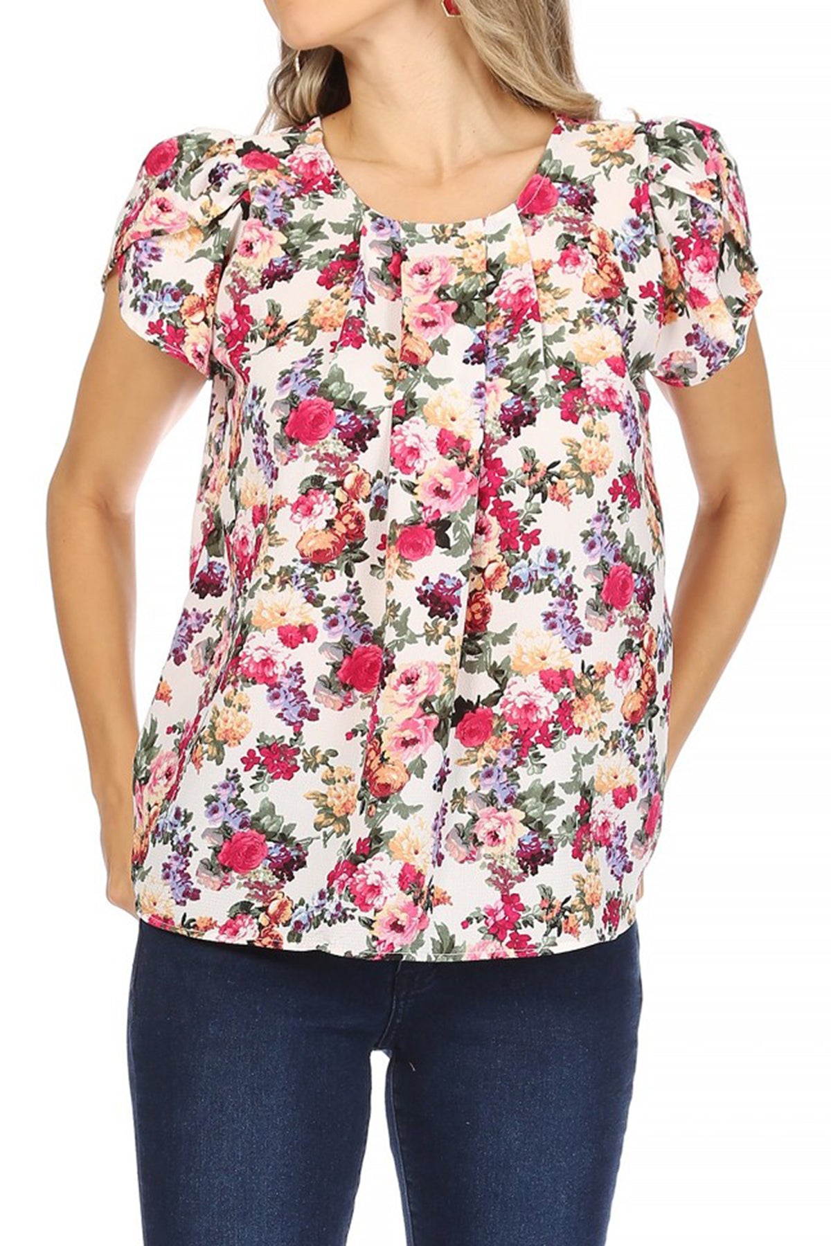 Women's Casual Floral Print Pleated Front Petal Cap Sleeve Round Neck Tee Blouse Top