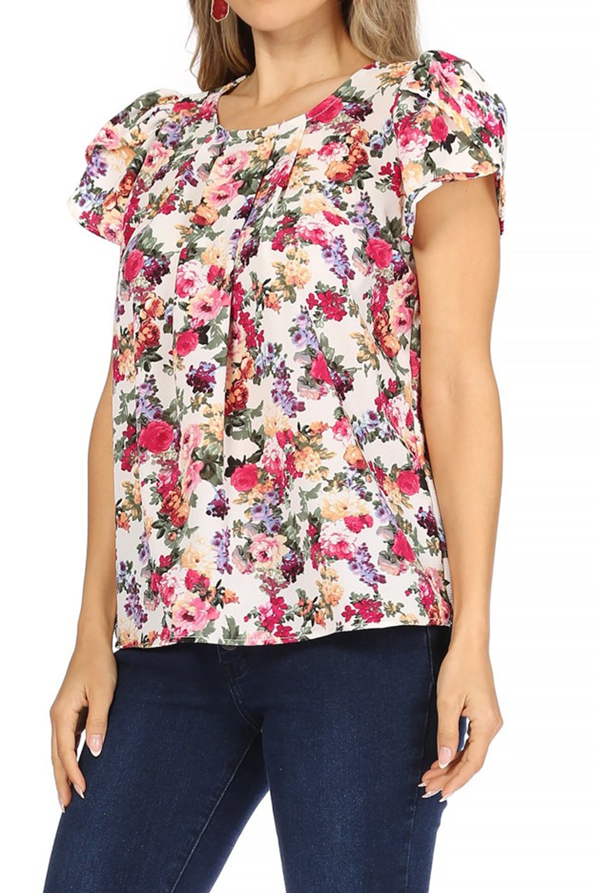 Women's Casual Floral Print Pleated Front Petal Cap Sleeve Round Neck Tee Blouse Top