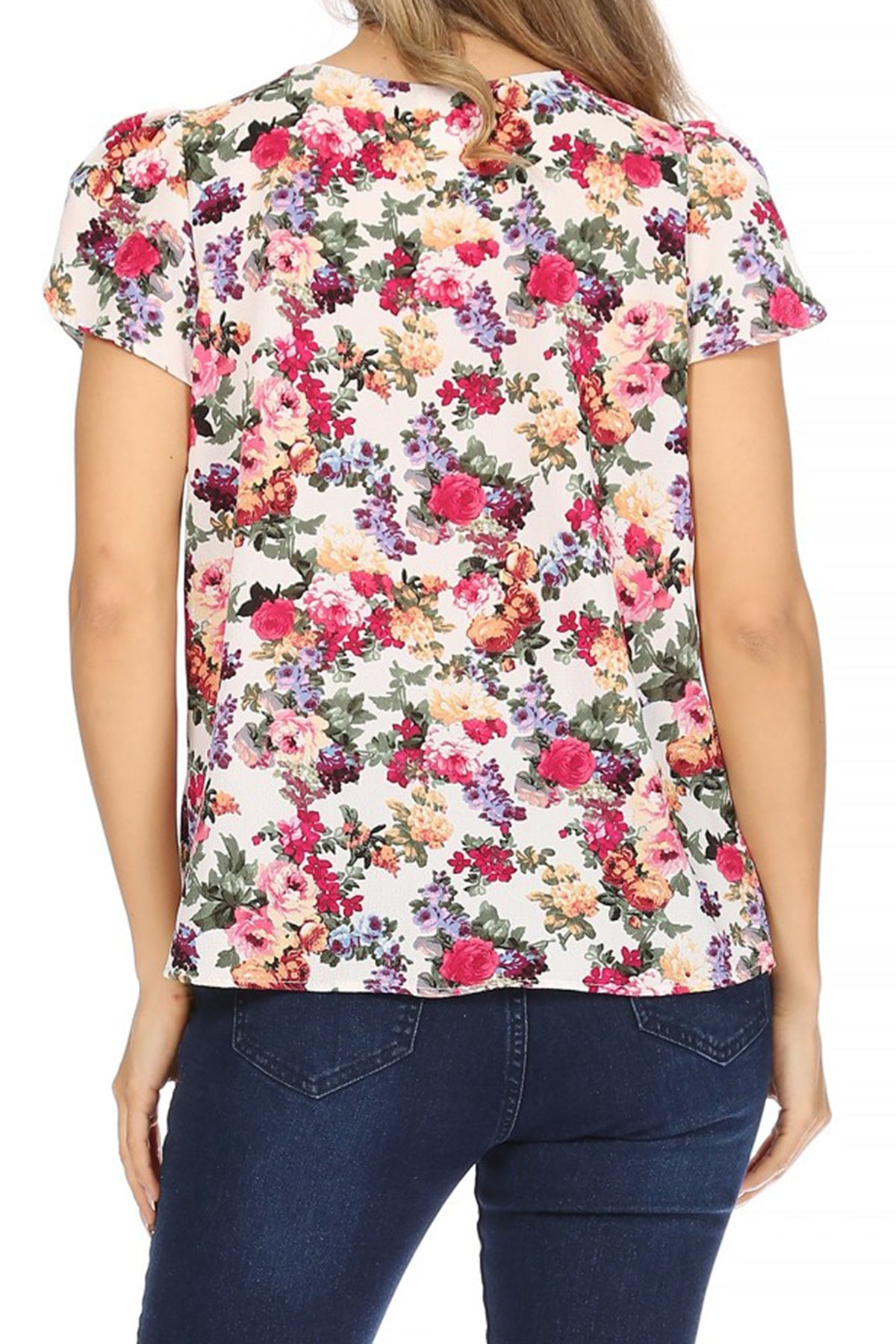 Women's Casual Floral Print Pleated Front Petal Cap Sleeve Round Neck Tee Blouse Top