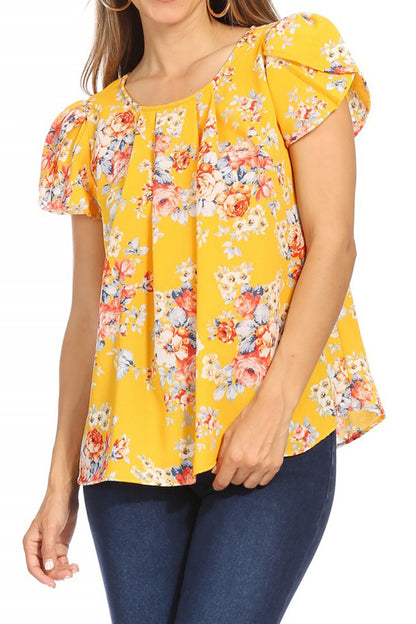 Women's Casual Floral Print Pleated Front Petal Cap Sleeve Round Neck Tee Blouse Top