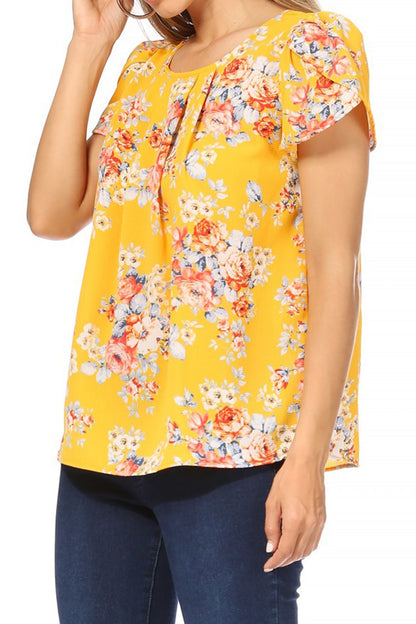 Women's Casual Floral Print Pleated Front Petal Cap Sleeve Round Neck Tee Blouse Top