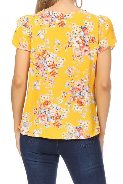 Women's Casual Floral Print Pleated Front Petal Cap Sleeve Round Neck Tee Blouse Top