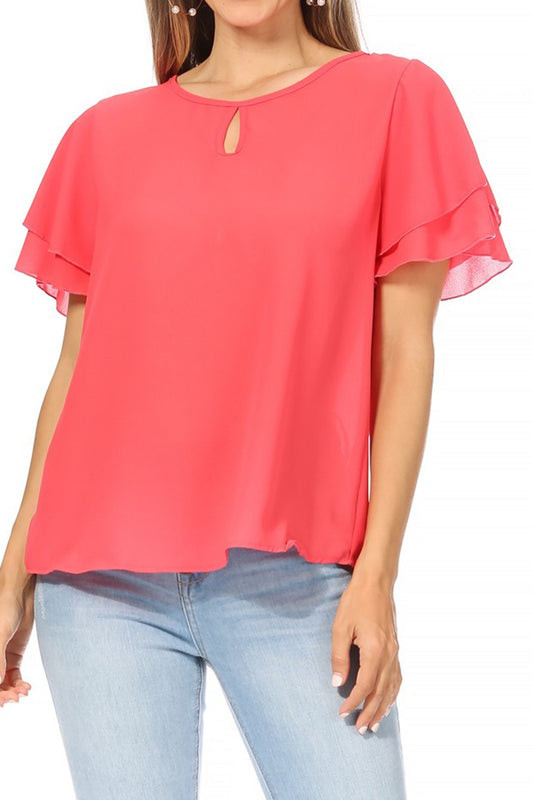 Women's Casual Solid Flowy Short Sleeve Round Neck Key Hole Tee Blouse Top