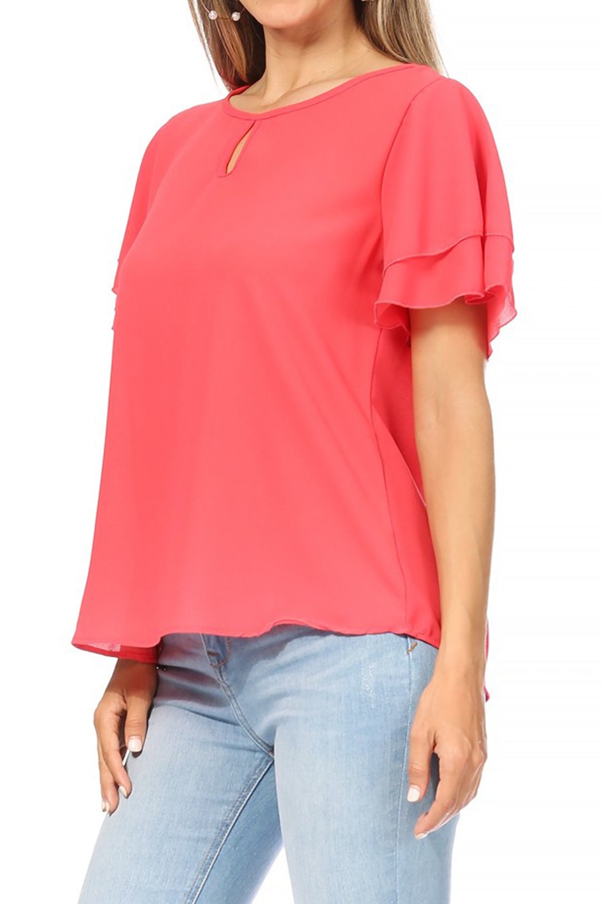 Women's Casual Solid Flowy Short Sleeve Round Neck Key Hole Tee Blouse Top