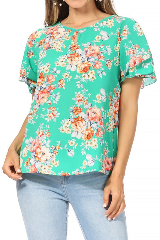 Women's Casual Floral Flowy Short Sleeve Round Neck Key Hole Tee Blouse Top