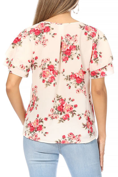 Women's Casual Floral Flowy Short Sleeve Round Neck Key Hole Tee Blouse Top