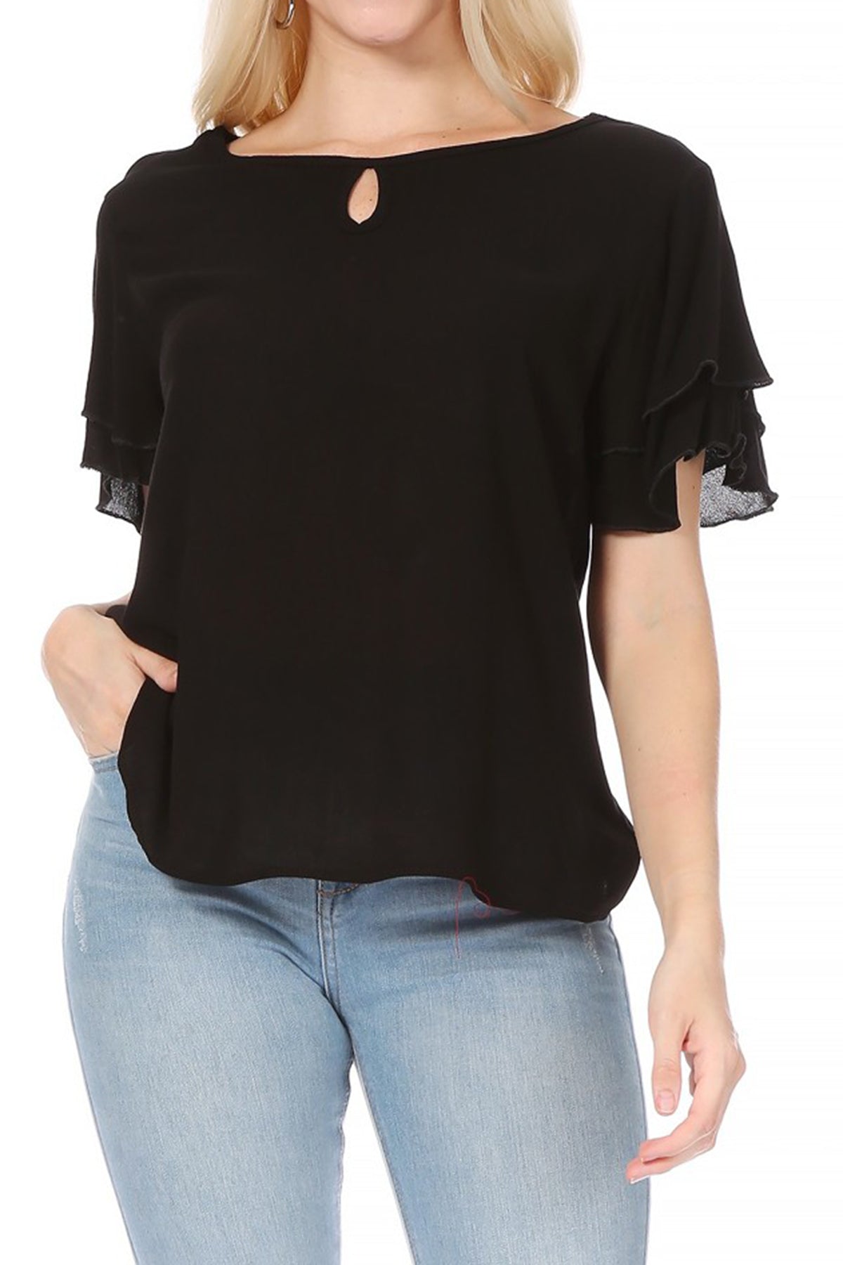 Women's Casual Flowy Short Flutter Sleeve Round Neck Key Hole Blouse Top