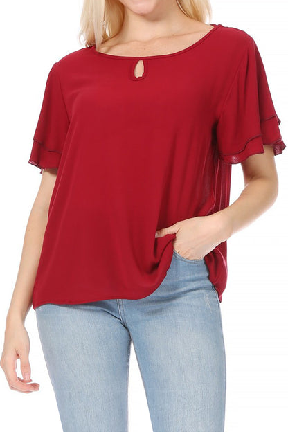 Women's Casual Flowy Short Flutter Sleeve Round Neck Key Hole Blouse Top