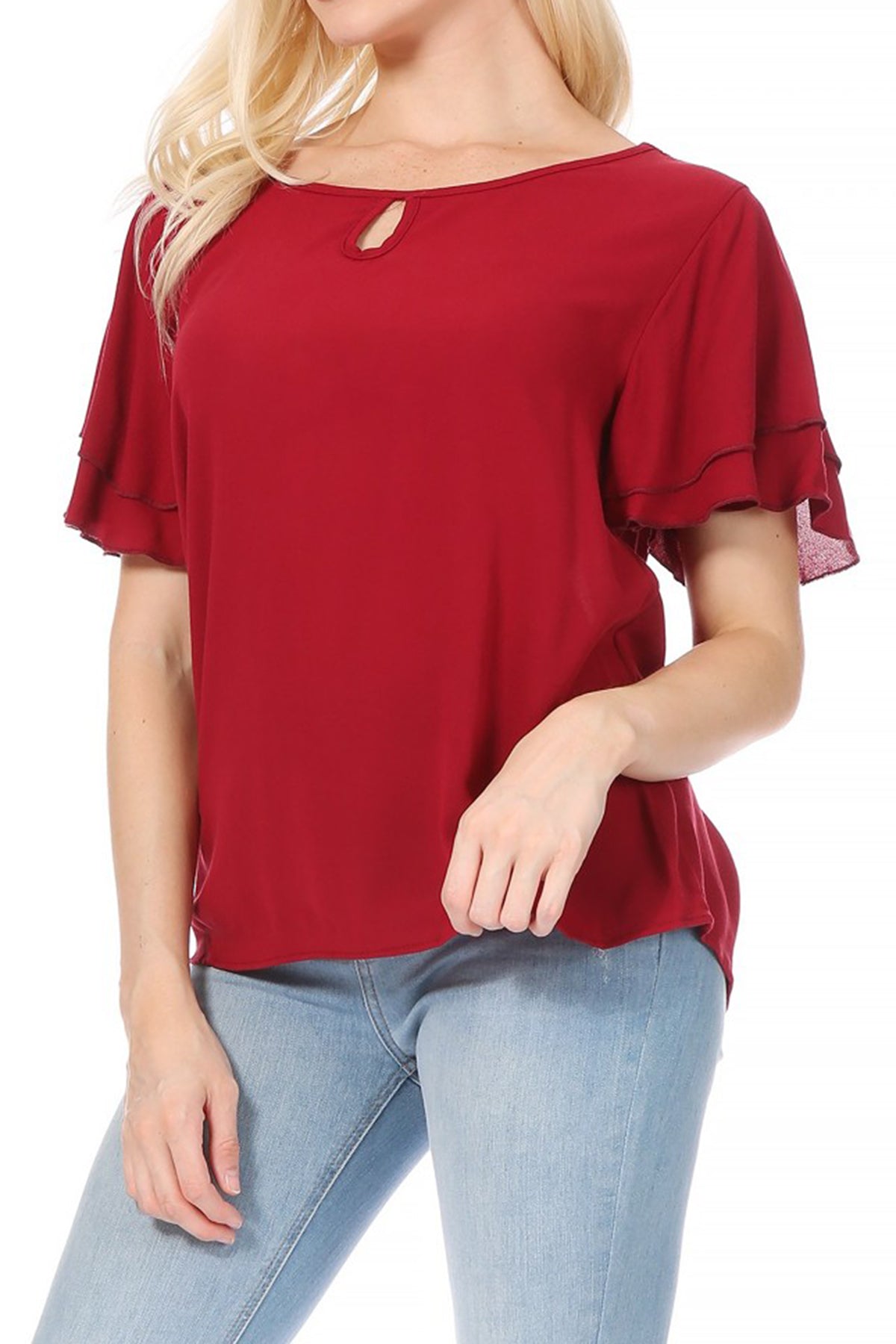 Women's Casual Flowy Short Flutter Sleeve Round Neck Key Hole Blouse Top