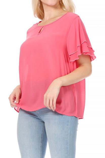 Women's Casual Flowy Short Flutter Sleeve Round Neck Key Hole Blouse Top